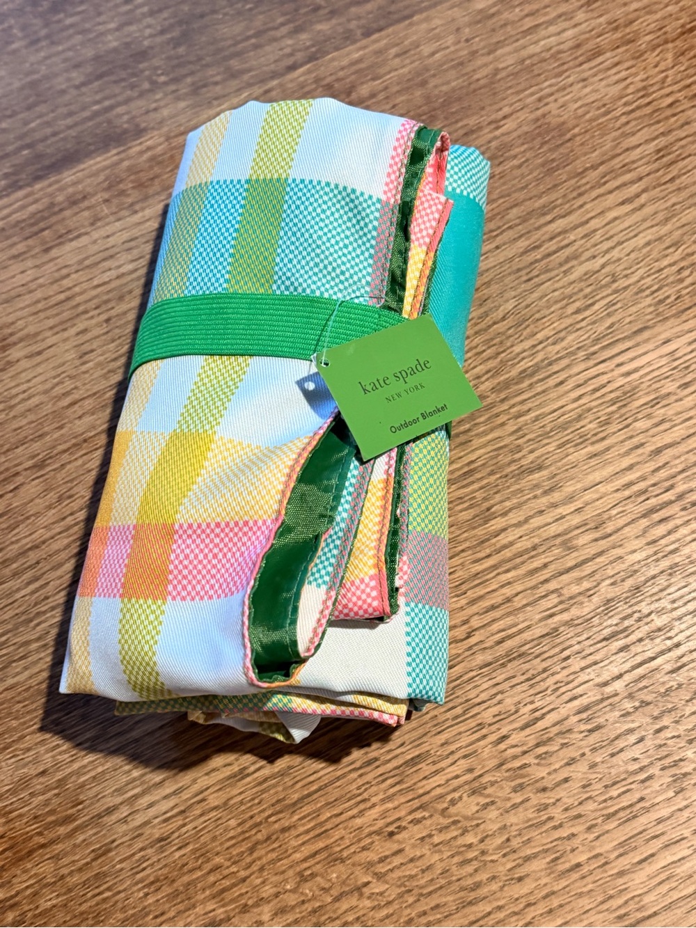 kate spade green and pink plaid outdoor blanket